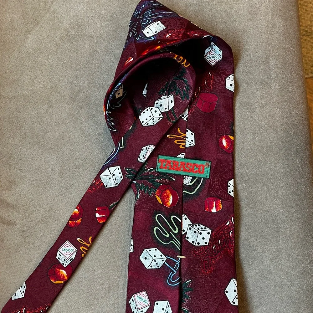 Tabasco Burgundy Silk Tie with Las Vegas Theme Dice and Cactus